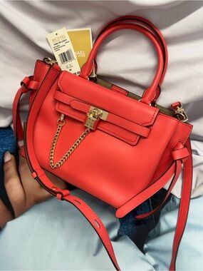 (new+tag) Michael Kors Leather Hamilton Legacy Dahlia Belted Red Pink Satchel